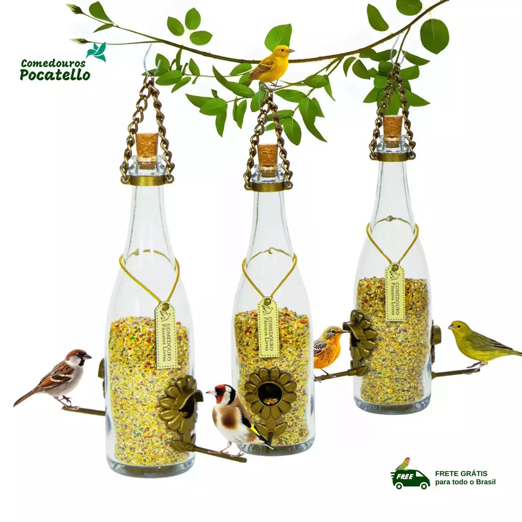 Kit 3 Comedouro Pássaros Livres – Garrafa Champagne Branca