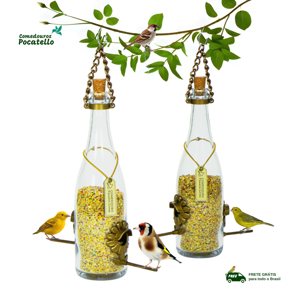 Kit 2 Comedouro Pássaros Livres – Garrafa Champagne Branca