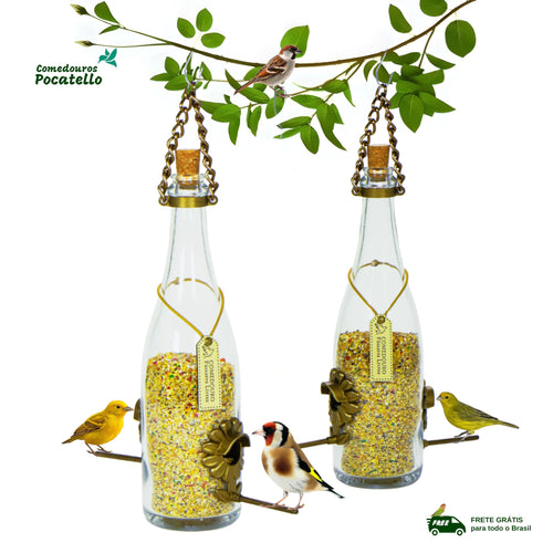 Kit 2 Comedouro Pássaros Livres – Garrafa Champagne Branca