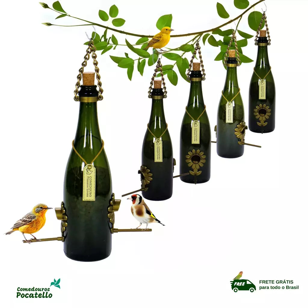 Kit 5 Comedouros Pássaros Livres – Garrafa Champagne Verde
