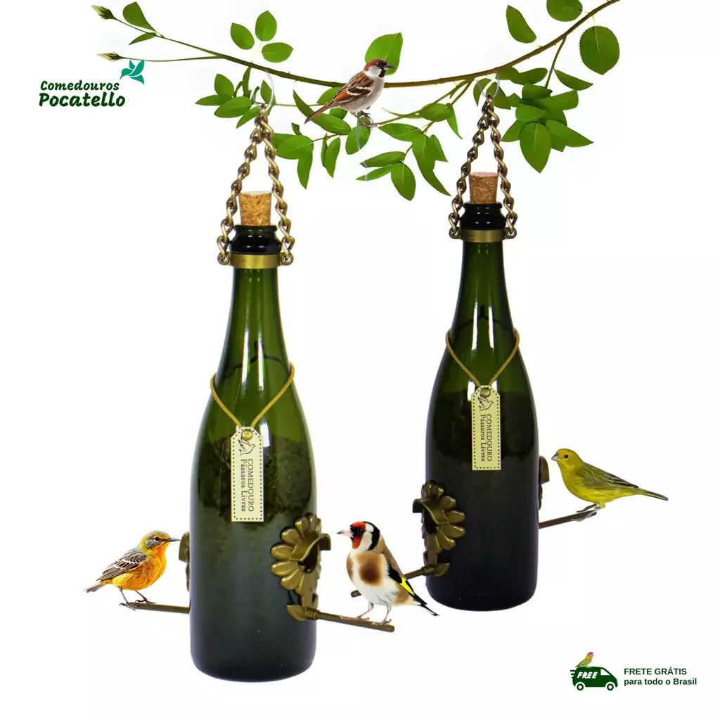 Kit 2 Comedouros Pássaros Livres – Garrafa Champagne Verde