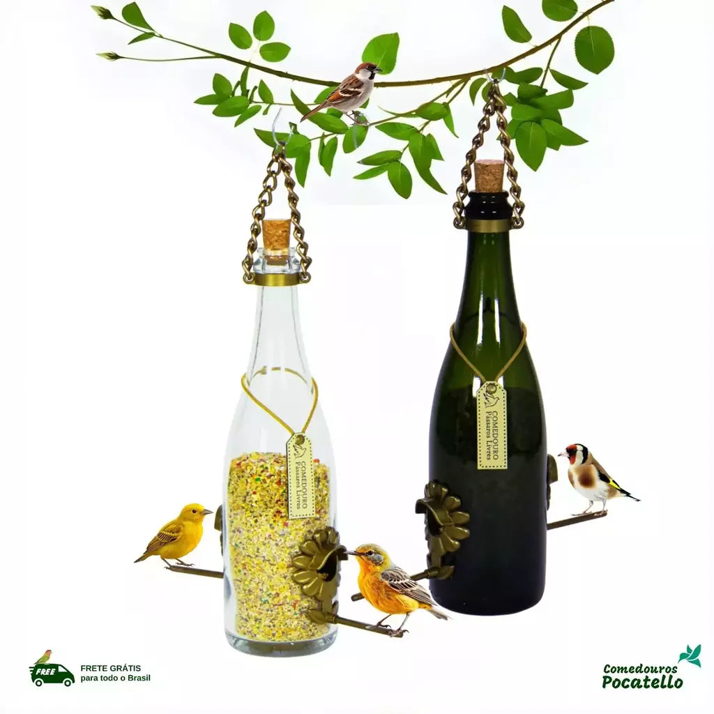 Kit 2 Comedouros Pássaros Livres – Garrafa Champagne Branco e Verde