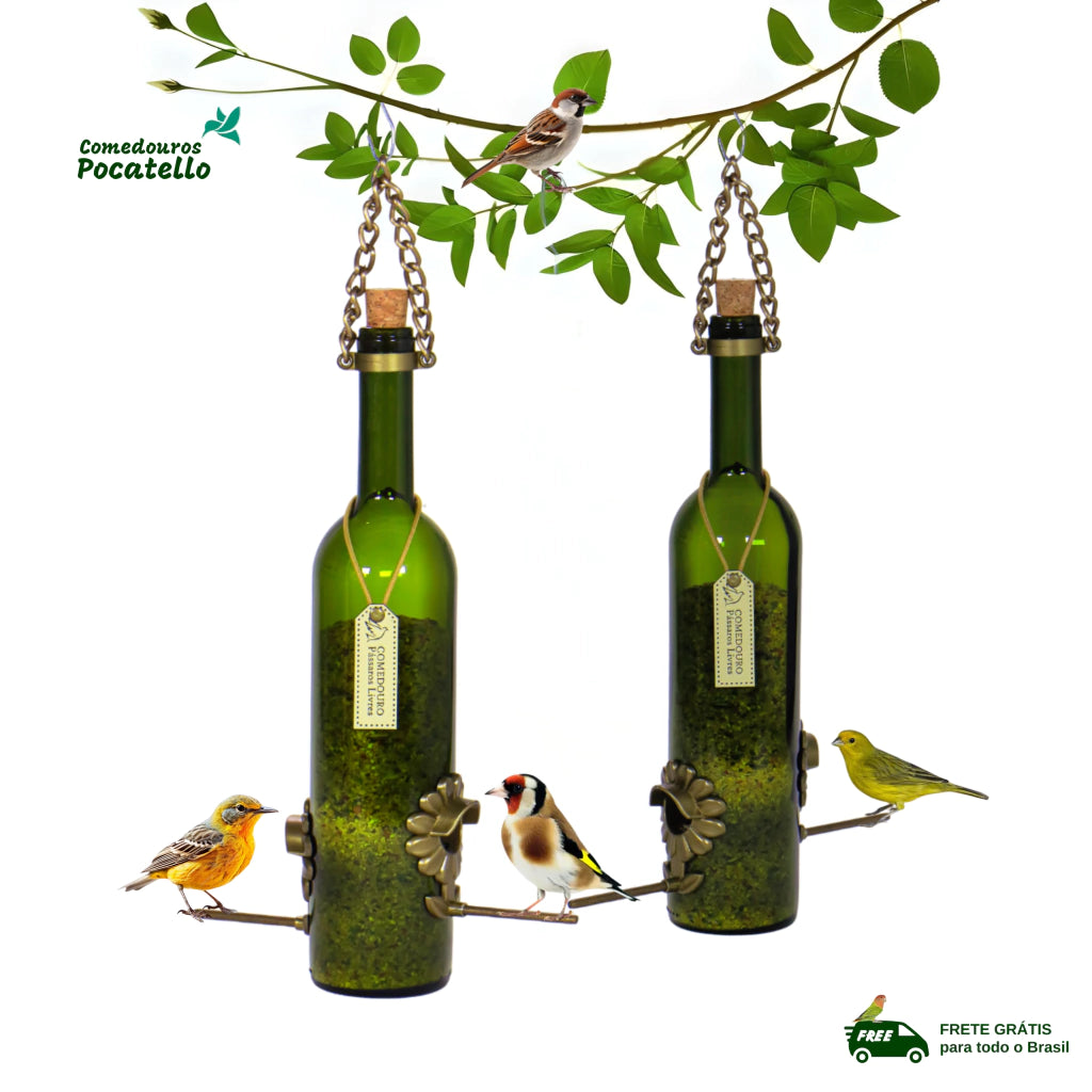 Kit 2 Comedouros Para Pássaros Livres – Garrafa Vinho Verde
