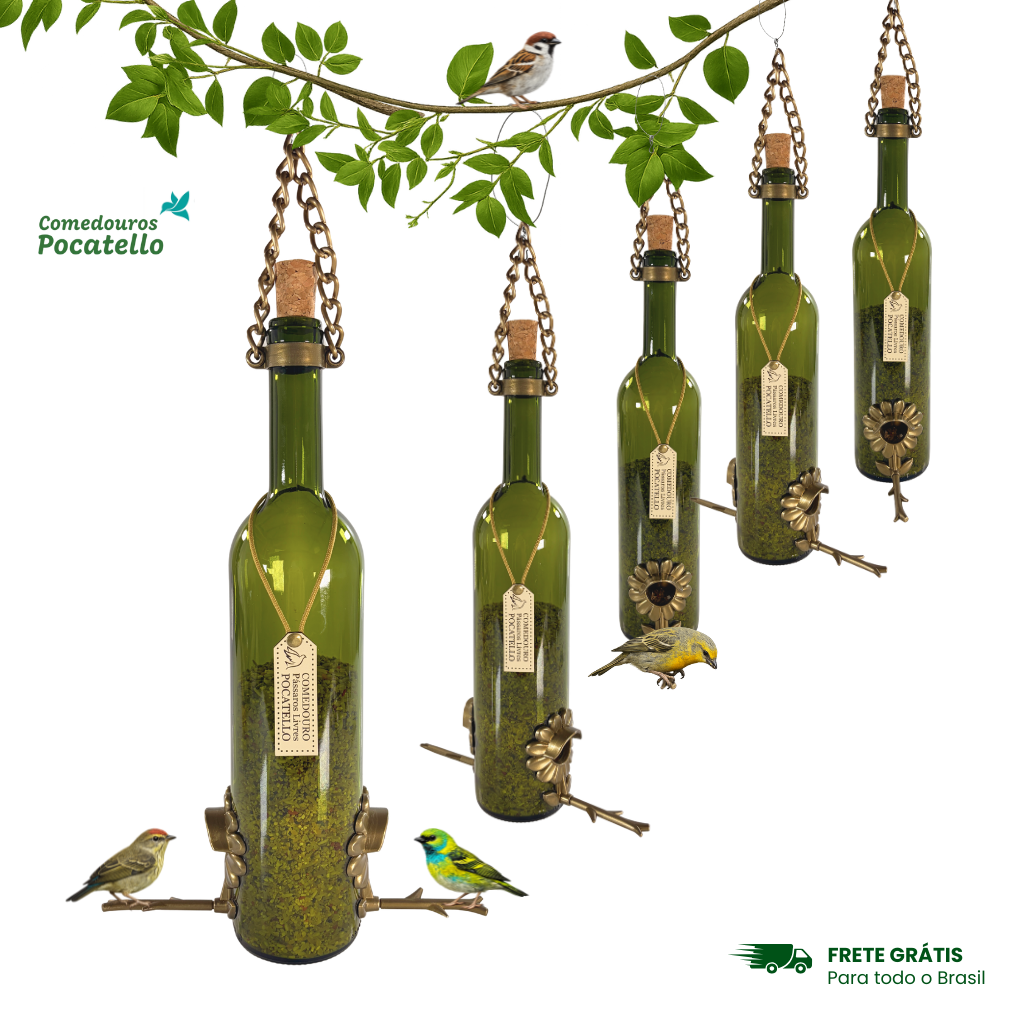 Kit 5 Comedouros Pássaros Livres – Garrafa Vinho Verde