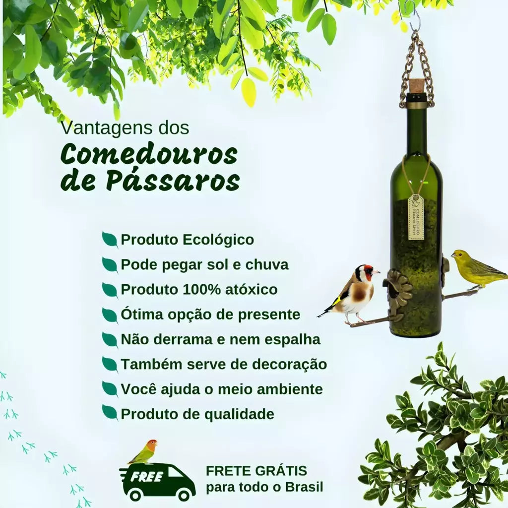 Kit 2 Comedouros Para Pássaros Livres – Garrafa Vinho Branco e Verde