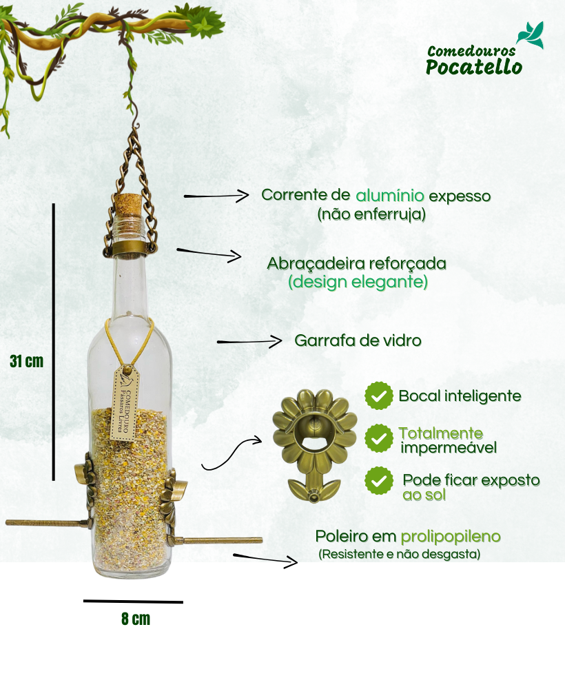 Kit 2 Comedouros Para Pássaros Livres – Garrafa Vinho Branco