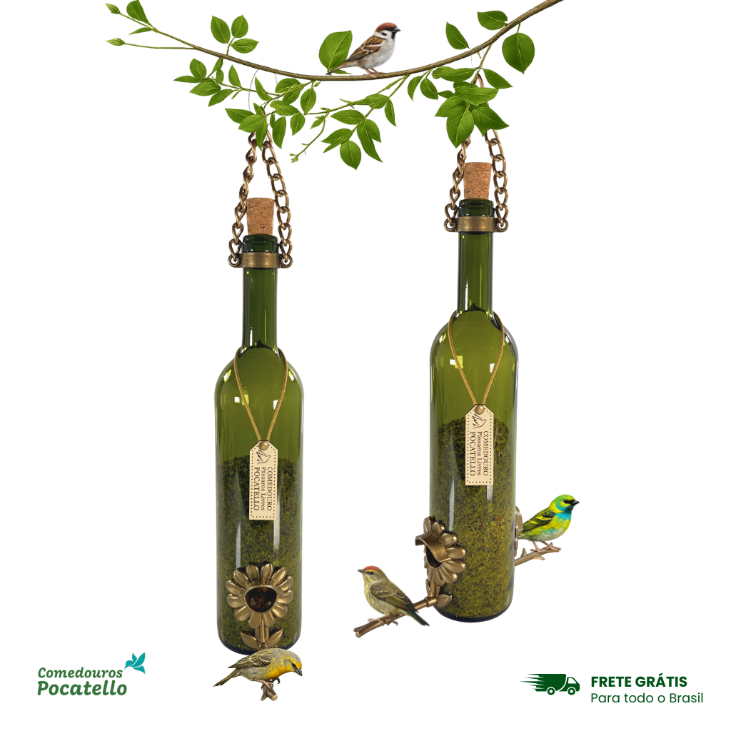 Kit 2 Comedouros Para Pássaros Livres – Garrafa Vinho Verde