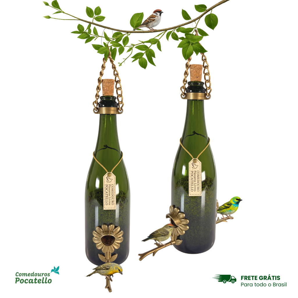 Kit 2 Comedouros Pássaros Livres – Garrafa Champagne Verde