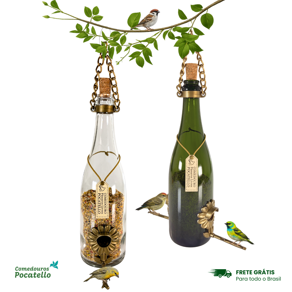 Kit 2 Comedouros Pássaros Livres – Garrafa Champagne Branco e Verde