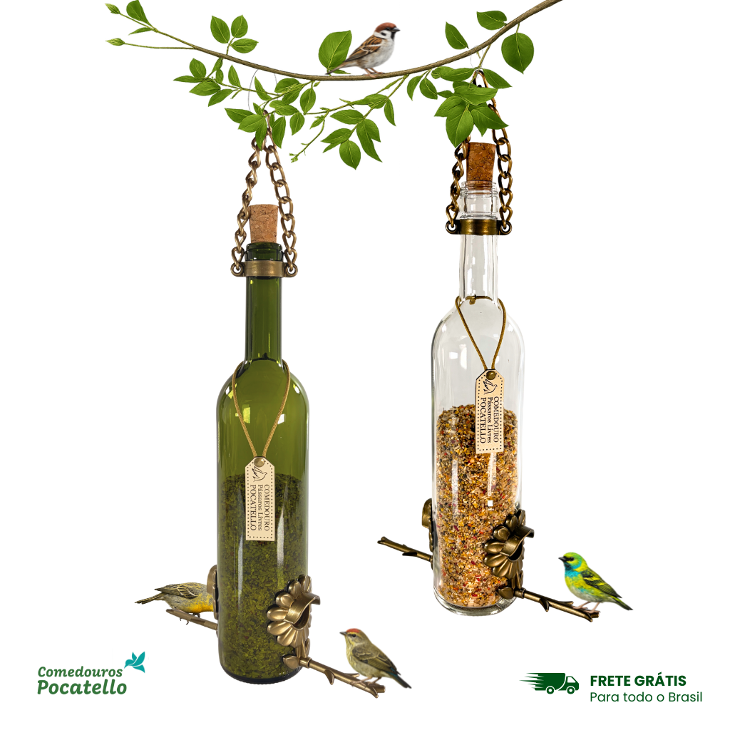 Kit 2 Comedouros Para Pássaros Livres – Garrafa Vinho Branco e Verde