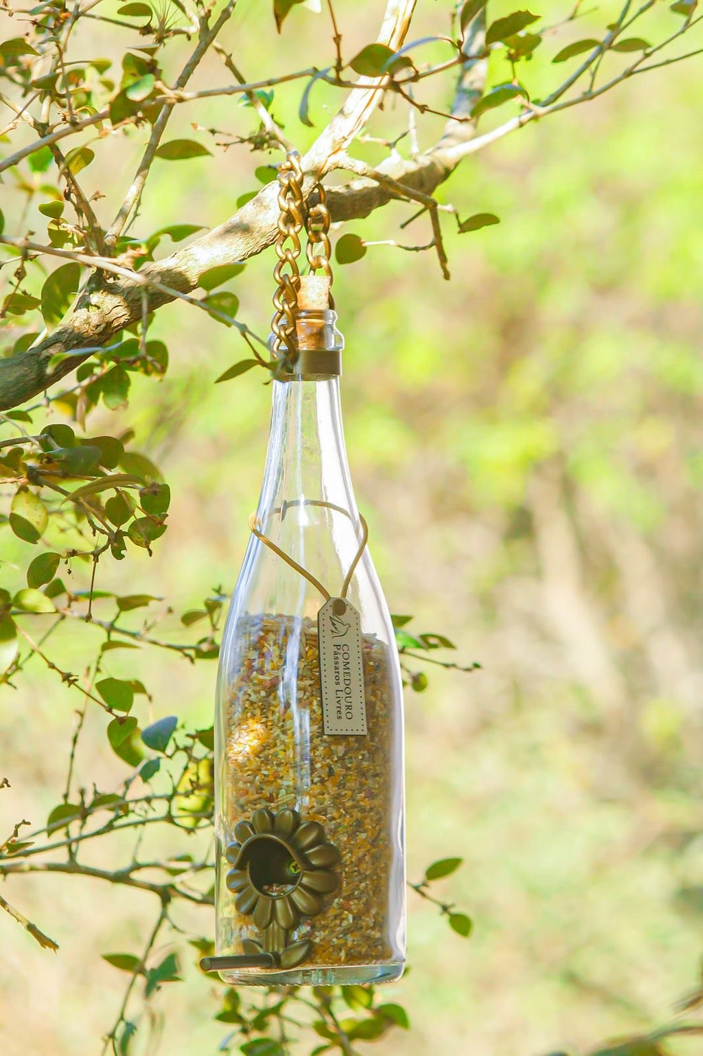 Kit 2 Comedouros Pássaros Livres – Garrafa Champagne Branco e Verde
