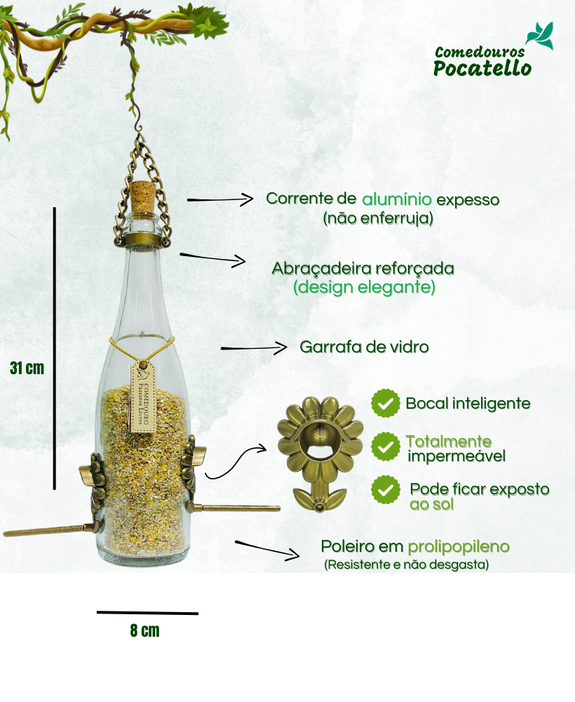 Kit 2 Comedouros Pássaros Livres – Garrafa Champagne Branco e Verde