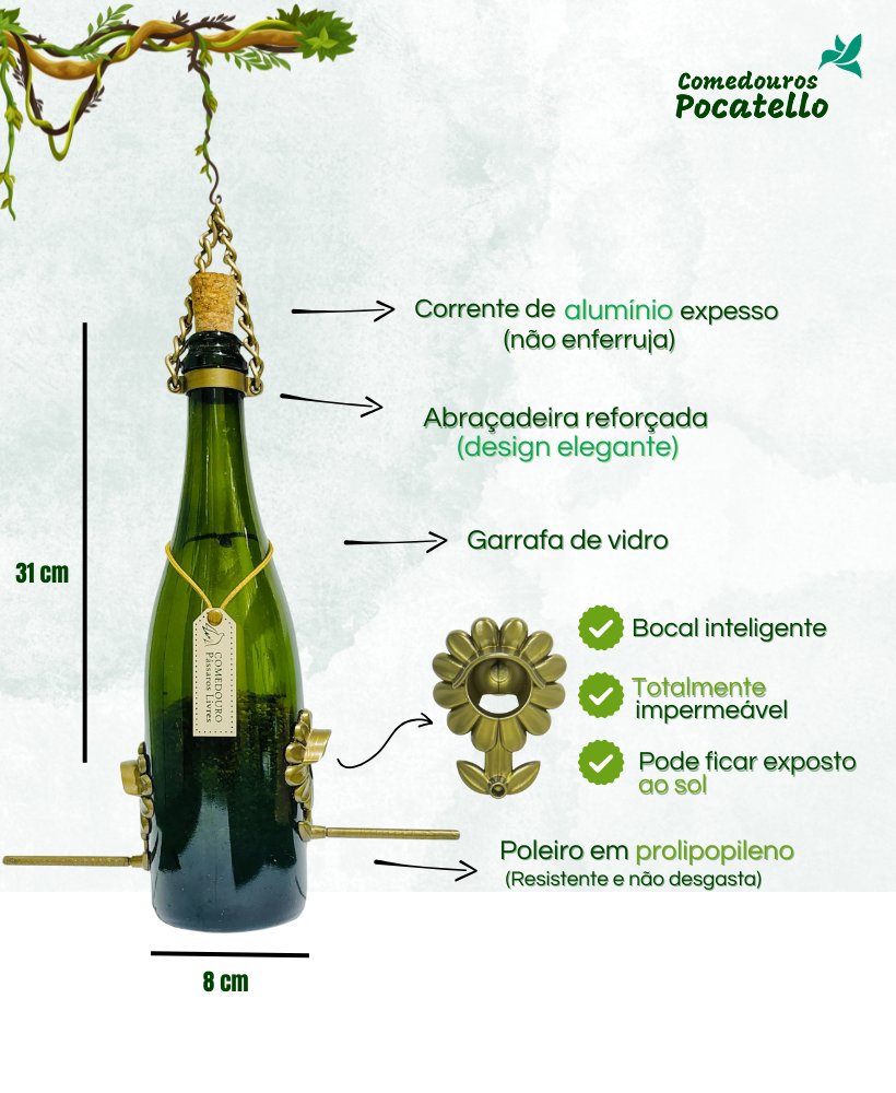 Kit 3 Comedouros Pássaros Livres – Garrafa Champagne Verde