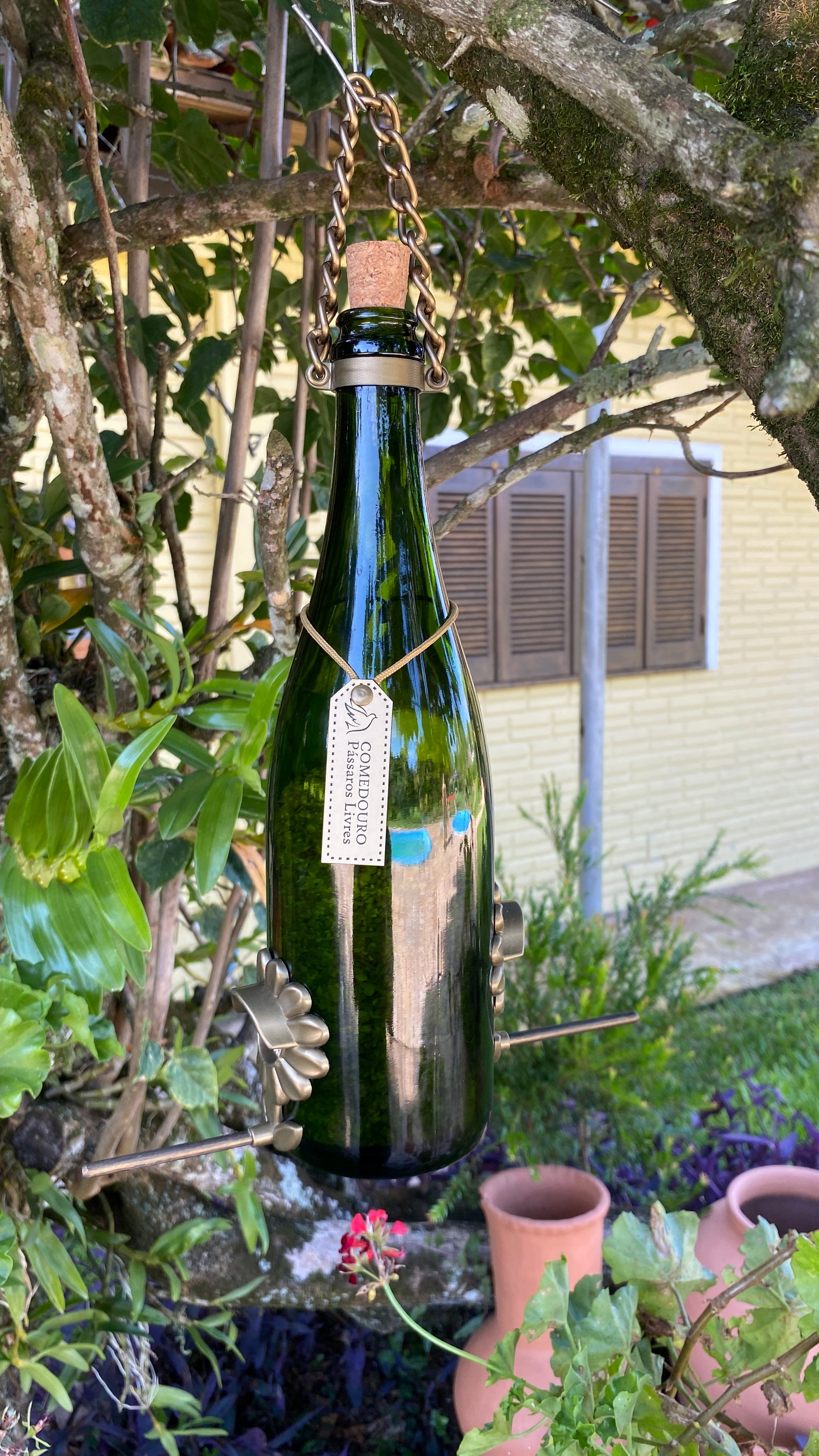 Kit 3 Comedouros Pássaros Livres – Garrafa Champagne Verde